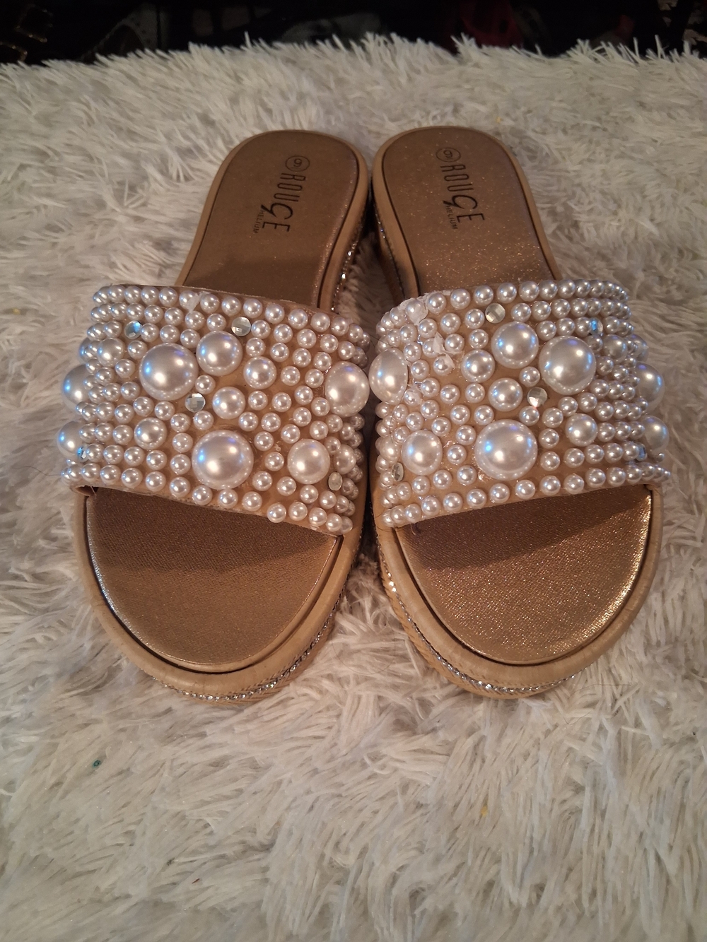 Rouge! Gold Pearl Embellished Slide Sandals